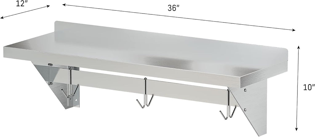 KoolMore 36' Commercial Wall Mounted Pot Rack Organizer Shelf with 3 Removable Storage Hooks for Pots and Pans, Stainless-Steel Storage Holder (WMPS-1236), 12' X 36'