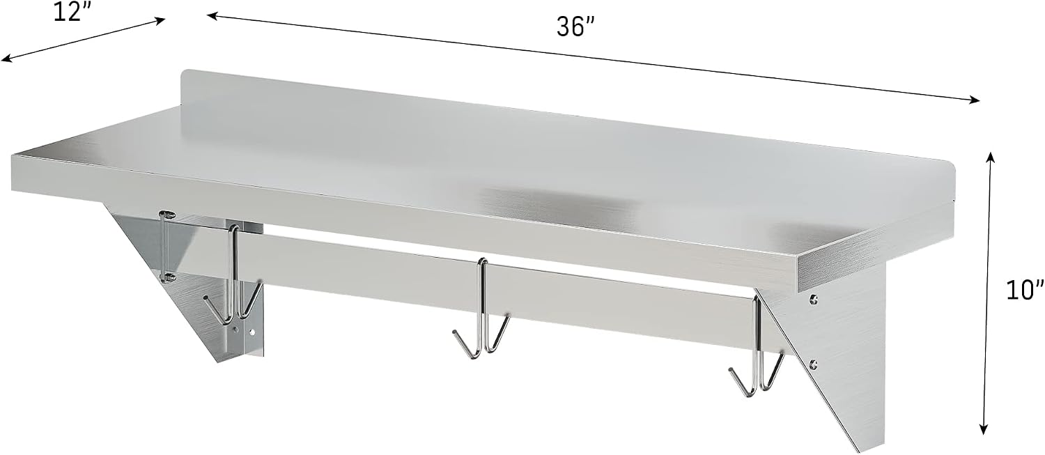KoolMore 36' Commercial Wall Mounted Pot Rack Organizer Shelf with 3 Removable Storage Hooks for Pots and Pans, Stainless-Steel Storage Holder (WMPS-1236), 12' X 36'