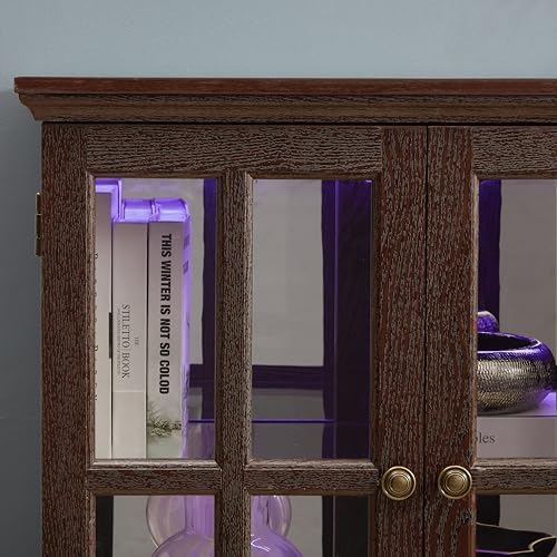 KEIKI Curio Cabinet, Lighted Glass Display Cabinet w/ 4 Glass Doors & Adjustable Shelves, Lighted Showcase with Light Strip, TV Stand, Cherry