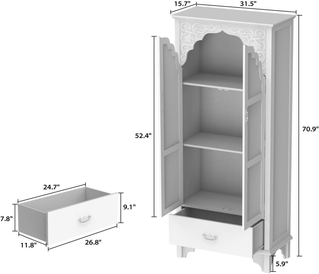 Carved Storage Cabinet with 2 Glass Doors & Drawer, Pooja Mandir with 3-Tier Shelves, Decorative Cabinet Display Cabinets for Living Room White and Walnut (31.5'W x 15.7'D x 70.9'H)