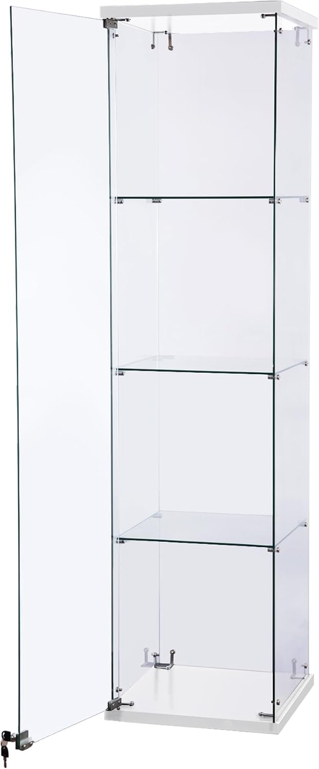 WISDOMFUR Tall Frameless Glass Display Cabinet – 63' H x 16' W Showcase with Locking Door, 4 Adjustable Tempered Glass Shelves & White Base for Retail, Collectibles, or Home Display