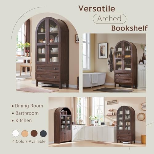 IFBUY 71' Tall Arched Bookshelf, 4-Tier Bookcase with Glass Doors and Shelves, Wooden Display Cabinet w/2 Large Storage Drawers, Modern Farmhouse Versatile Bookshelf for Living Room, Bedroom, Brown