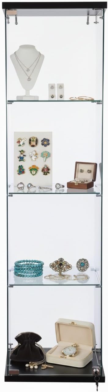 WISDOMFUR 16''x 63'' Frameless Glass Display Cabinet Showcase Glass Cube with Lock, Tempered Glass 4 Shelf Single Door, MDF Base - White & Black (Black), CT1660