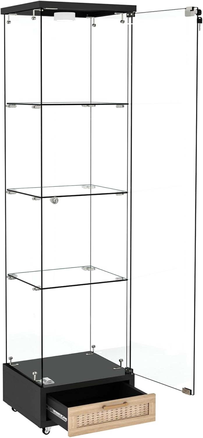 Modern Glass Display Cabinet with LED Light 4-Shelf Curio Cabinets with Rattan Drawer and Wheels,Tempered Glass Display Shelf Bookcase for Living Room Home Office