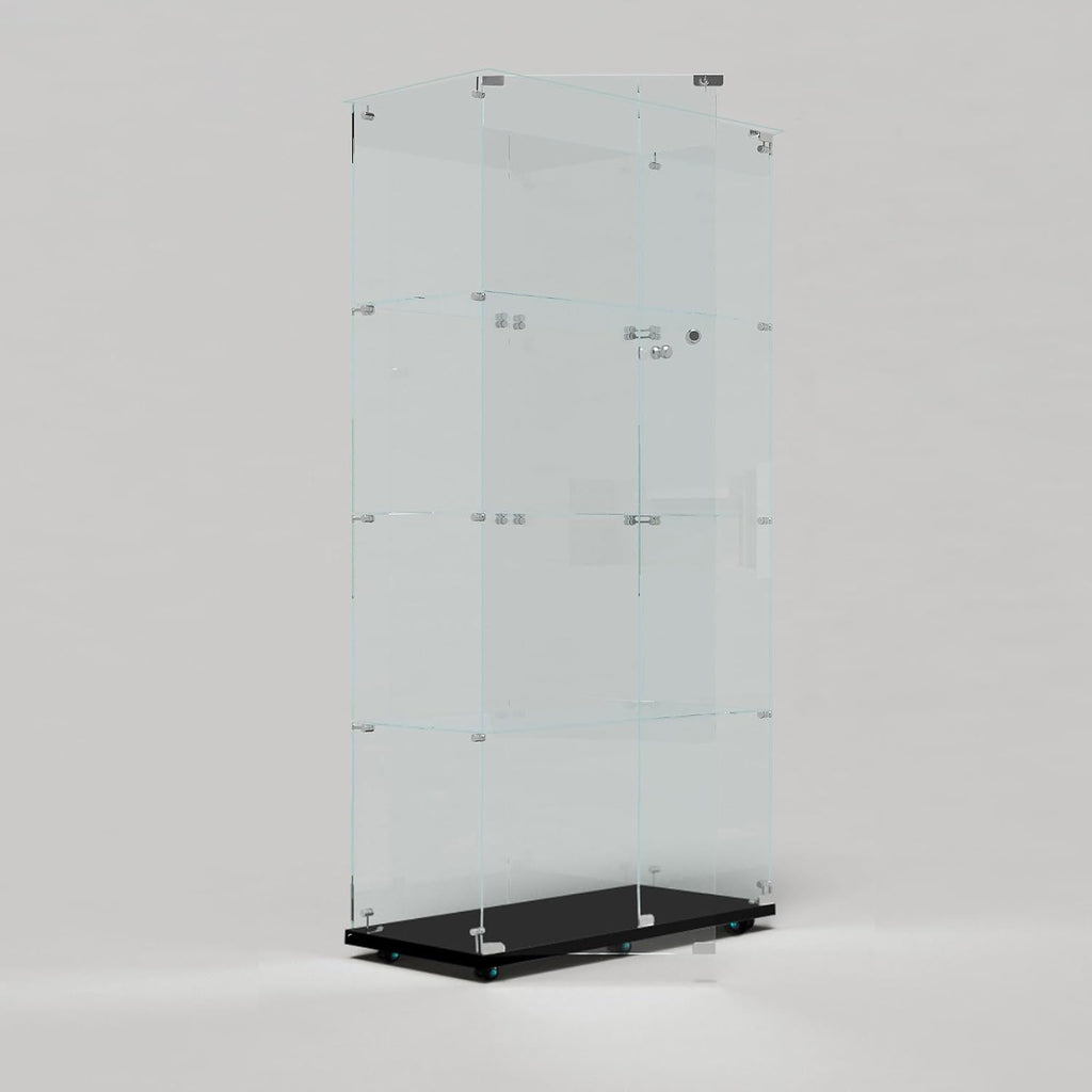 65' Tall Tempered Glass Display Cabinet with LED Lights&Rolling Wheels, Curio Cabinet with 4 Shelves with 2 Door, Quick-Install Style Floor Standing Bookshelf File Cabinet for Living Room Office