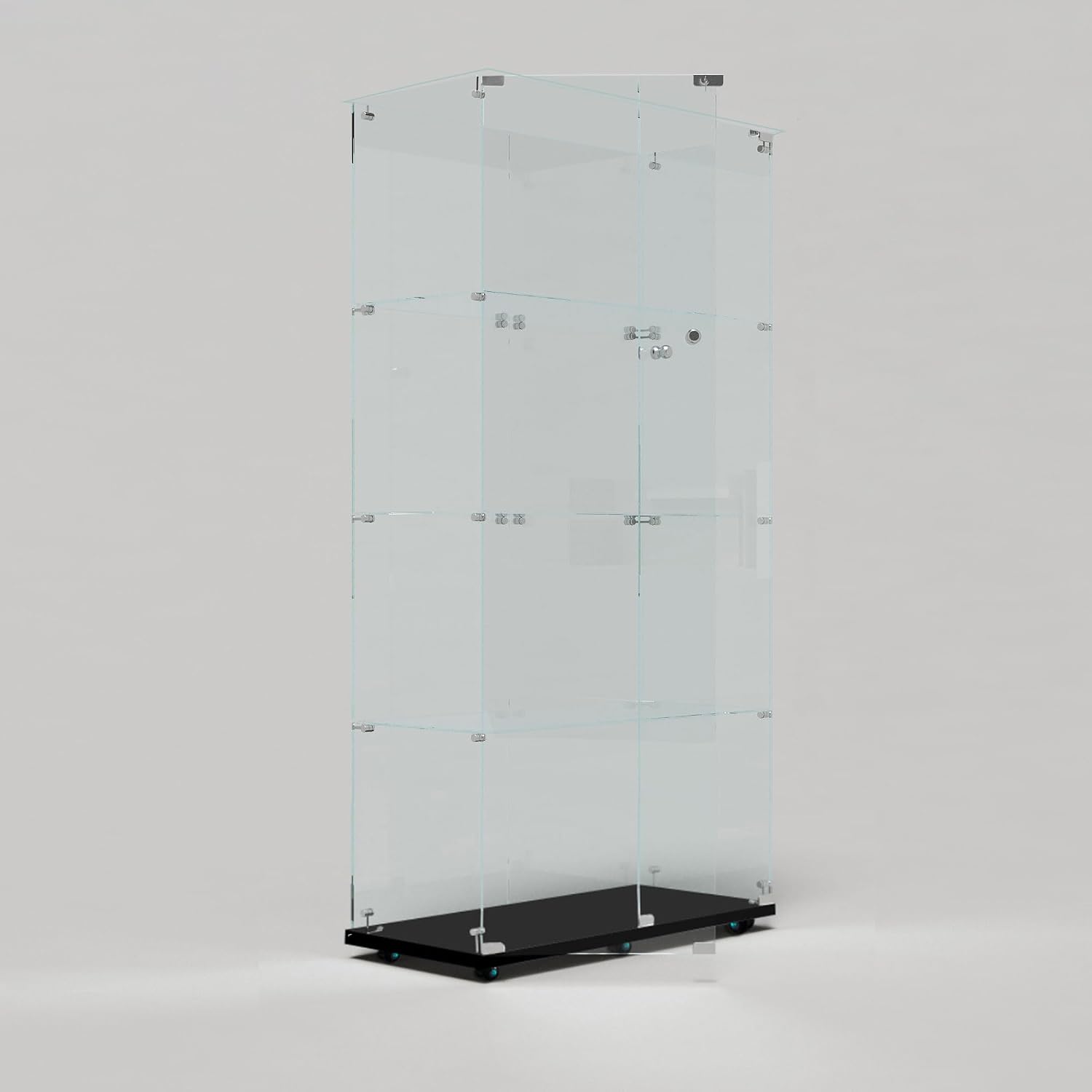 Modern Glass Display Cabinet 4-Shelf with LED Light, Lock and Wheels, 2 Door Curio Cabinets, Tempered Glass Collection Display Showcase for Living Room Home Office,30.9x13.5x65 H,Black