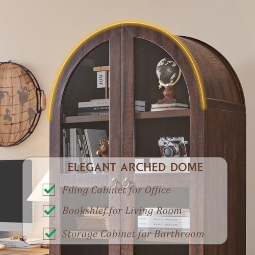 IFBUY 71' Tall Arched Bookshelf, 4-Tier Bookcase with Glass Doors and Shelves, Wooden Display Cabinet w/2 Large Storage Drawers, Modern Farmhouse Versatile Bookshelf for Living Room, Bedroom, Brown