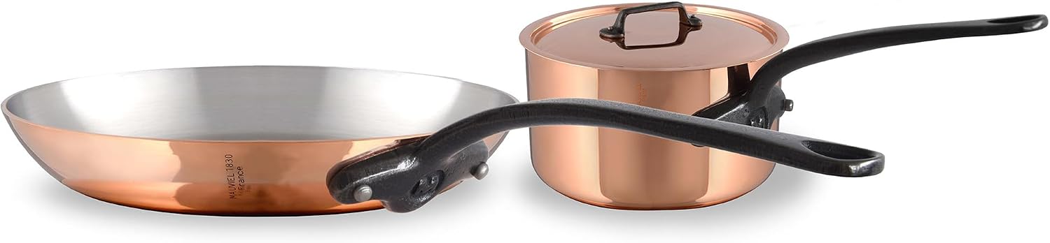Mauviel M'Heritage 150 CI 1.5mm Polished Copper & Stainless Steel DeLuxe 3-Piece Cookware Set, With Sauce Pan With Lid, 1.2-Qt and Frying Pan 7.8-In, Cast Iron Handles, Made in France