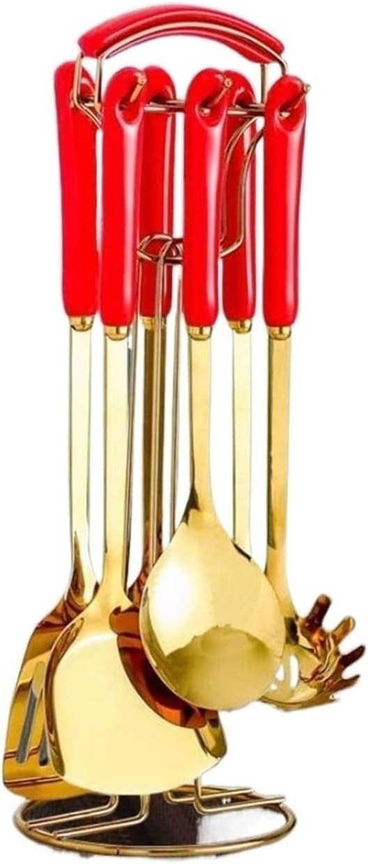 Stainless Steel Cooking Utensils Spoons Spatulas Kitchen Cookware Bakeware Gadgets Tools 7 Pieces Sets(Rot)