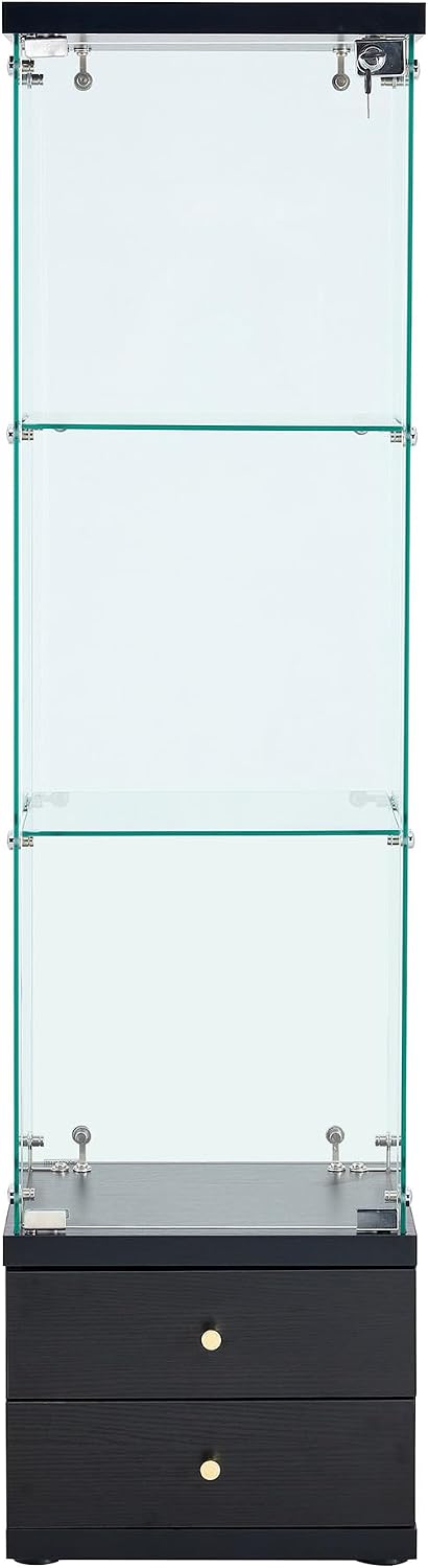 Modern Glass Display Cabinet 3-Shelf Curio Cabinets with 2 Storage Drawers,Tempered Glass Collection Display Showcase for Living Room Home Office,Black