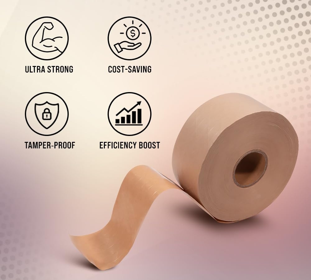 Mytee Products 16 Rolls 2.75'x450' Water Activated Tape - Reinforced Gummed Tape for Package - Strong Adhesive & Holding Power Kraft Paper Tape - Brown Packing Tape for Sealing Box (7200 feet Total)