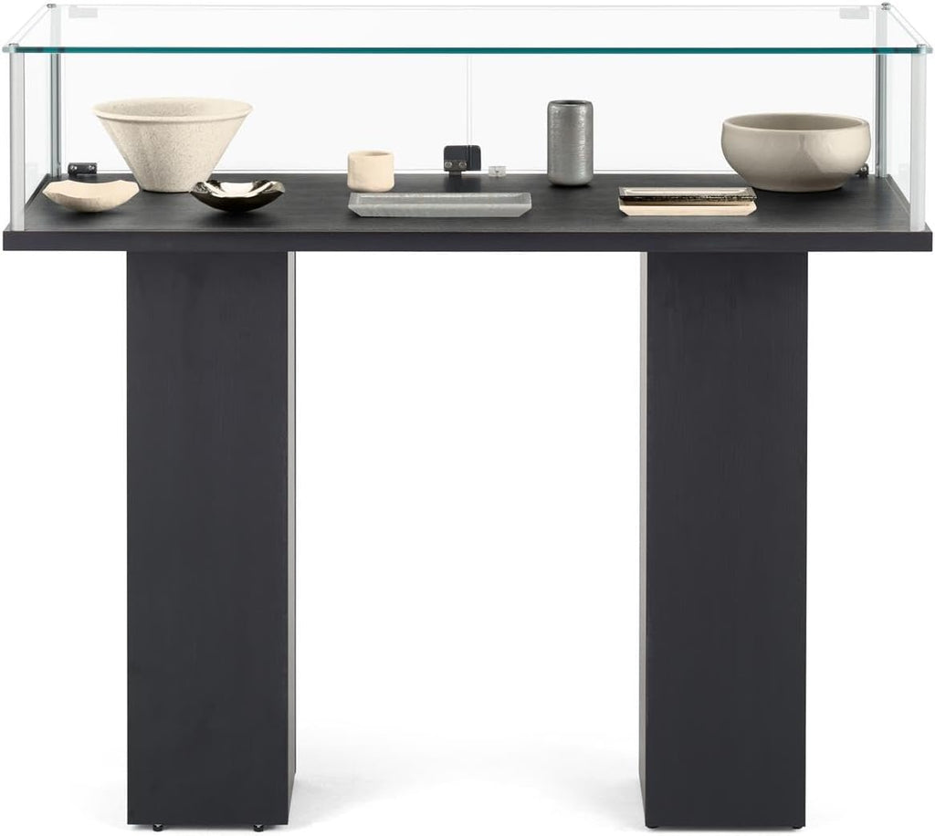 Free-Standing Tempered Glass Display Case, with 2 Pedestal Style Legs and Black Veneer
