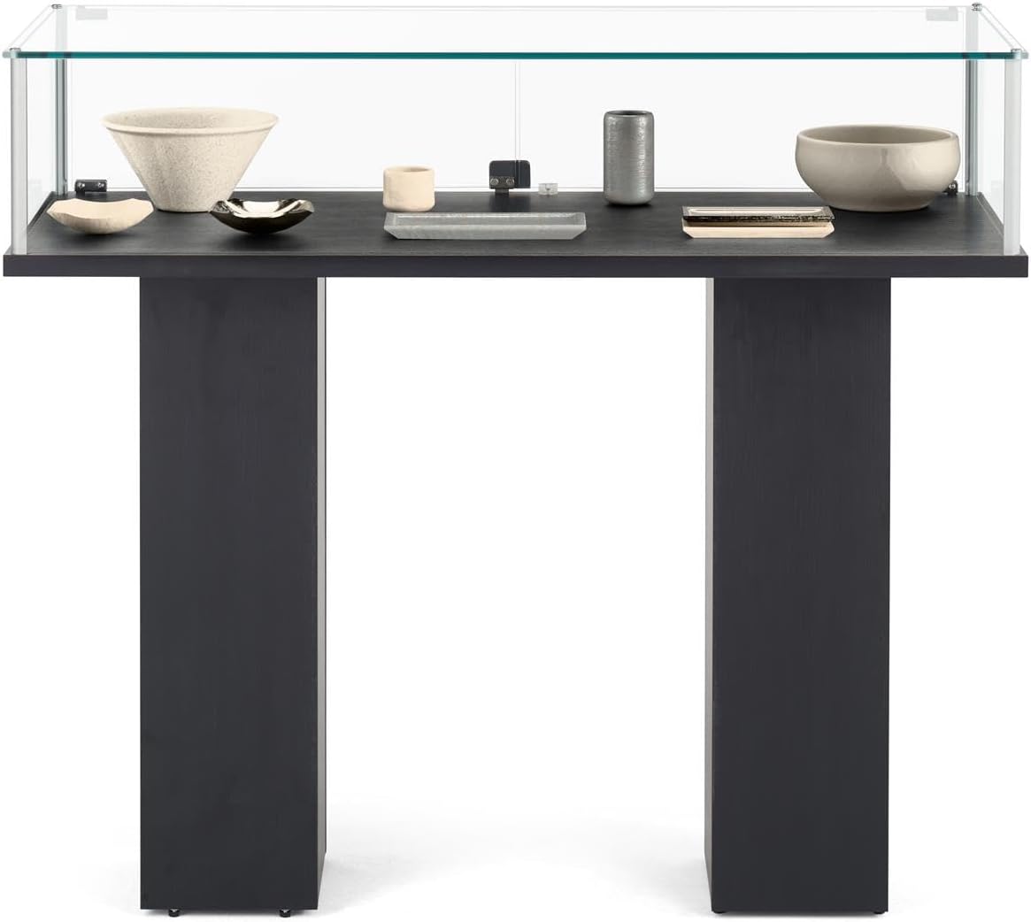 Free-Standing Tempered Glass Display Case, with 2 Pedestal Style Legs and Black Veneer