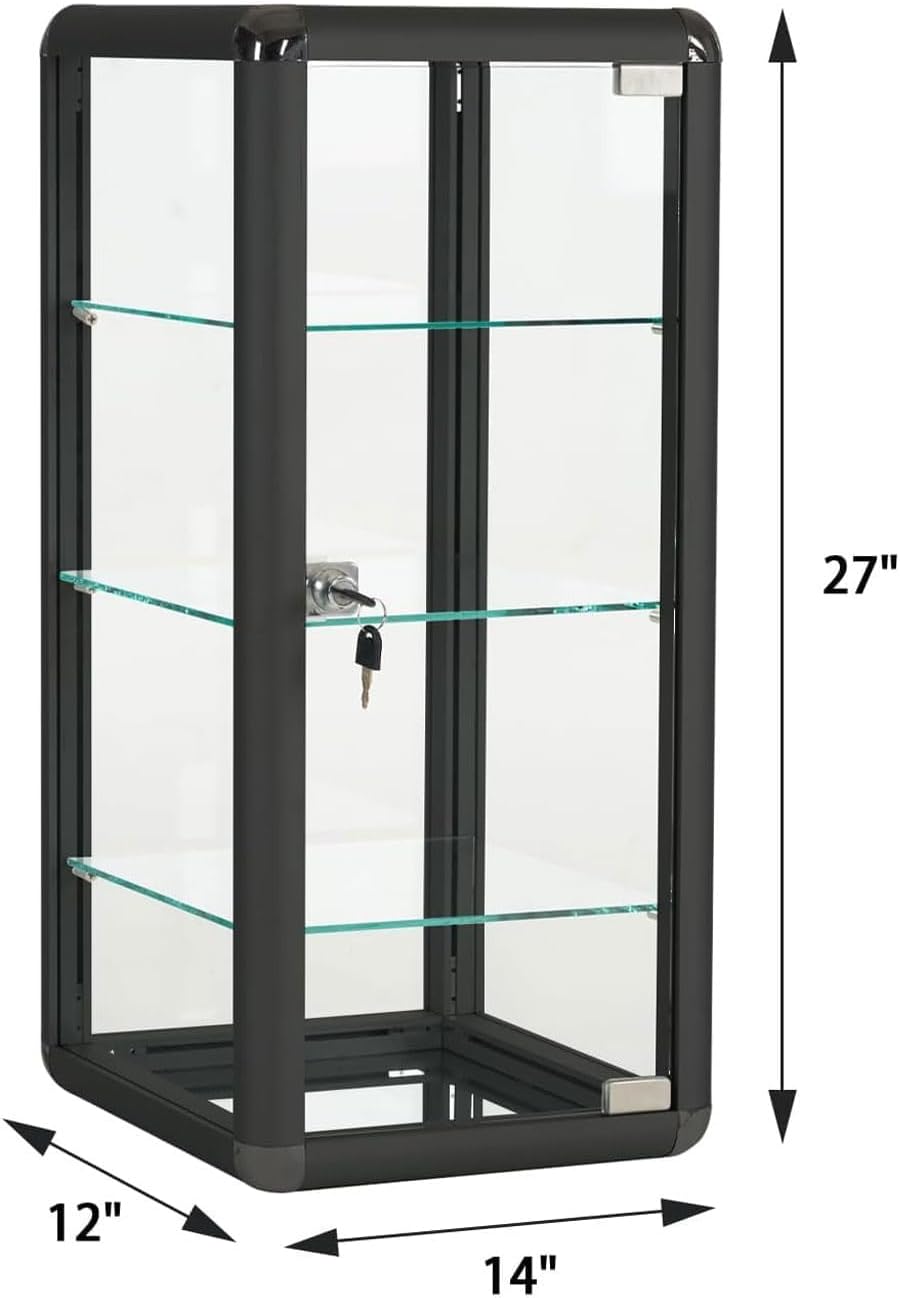 14' W x 27' H x 12' D - Black Aluminum Tempered Glass Countertop Display Case - Durabletable Top Display Case,Clear Display Cabinet for Retail, Home & Office Use