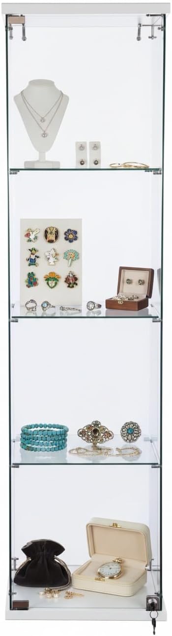 WISDOMFUR Tall Frameless Glass Display Cabinet – 63' H x 16' W Showcase with Locking Door, 4 Adjustable Tempered Glass Shelves & White Base for Retail, Collectibles, or Home Display
