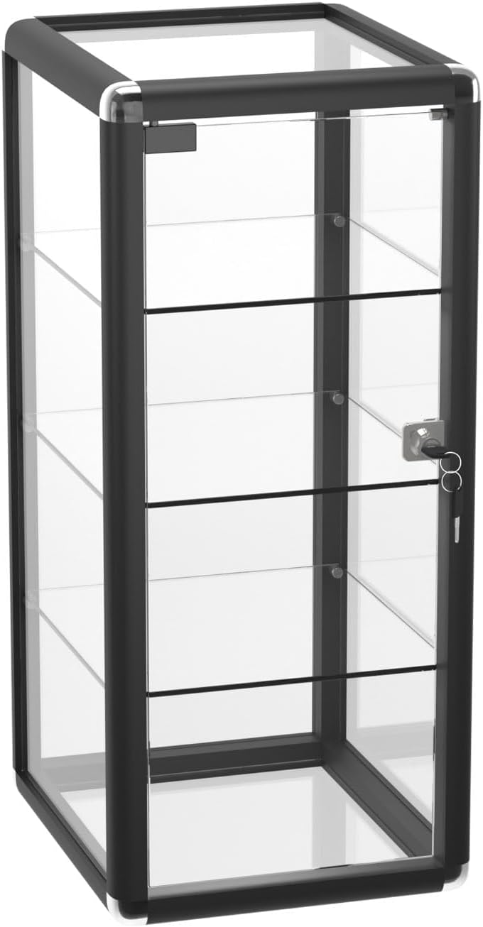 14' W x 27' H x 12' D - Black Aluminum Tempered Glass Countertop Display Case - Durabletable Top Display Case,Clear Display Cabinet for Retail, Home & Office Use