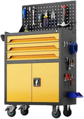 Heavy Tool Cart with Pegboard and Handle, 3-Drawer Garage Storage Cabinet & Toolbox on Wheels for Garage, Warehouse & Workshop(Yellow)