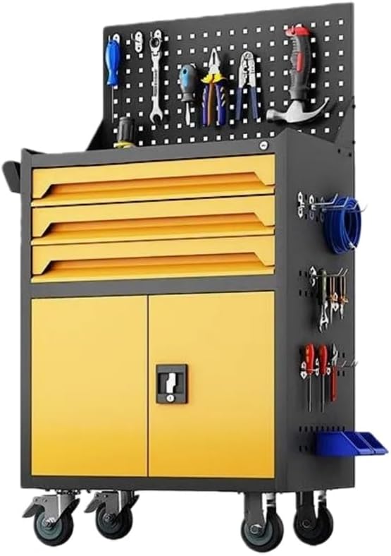 Heavy Tool Cart with Pegboard and Handle, 3-Drawer Garage Storage Cabinet & Toolbox on Wheels for Garage, Warehouse & Workshop(Yellow)