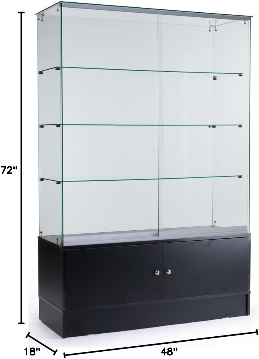 Displays2go 48 Inch Glass Display Cabinet with 3 Glass Shelves, Separate Storage Area in Base, Sliding Doors (Black)