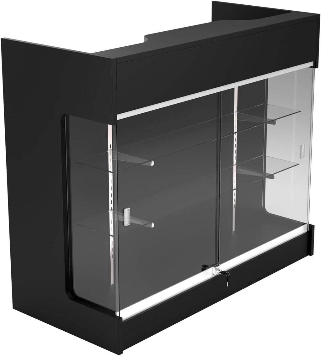 48' W x 22' D x 42' H - Retail Sales Counter with Adjustable Glass Shelves, Tempered Glass, Black Laminated Particle Board, Locking Drawers