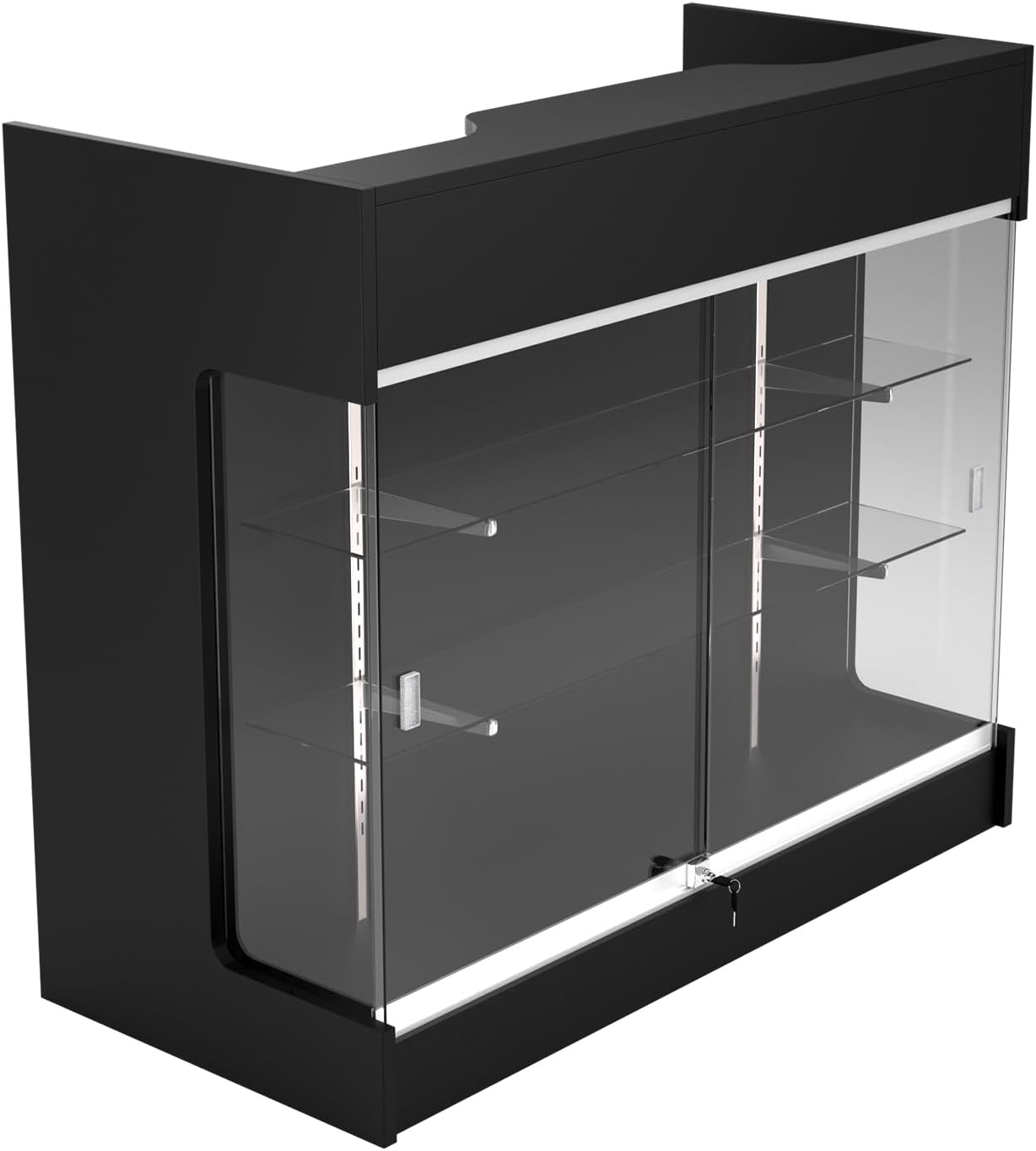48' W x 22' D x 42' H - Retail Sales Counter with Adjustable Glass Shelves, Tempered Glass, Black Laminated Particle Board, Locking Drawers