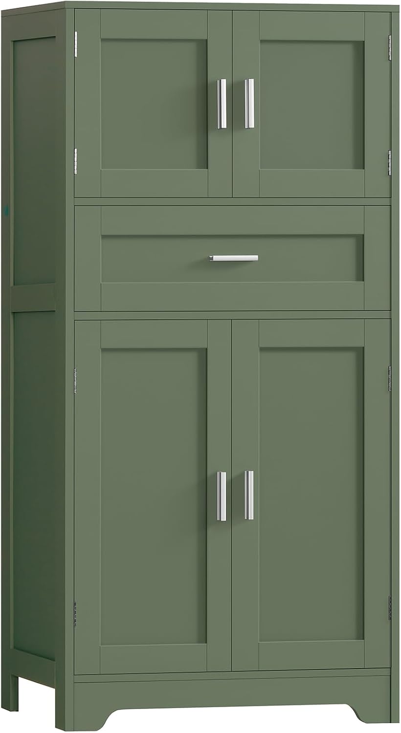 TEENFON Bathroom Floor Storage Cabinet with Adjustable Shelf, Freestanding Storage Cabinet with 4 Doors, Cupboard for Living Room, Home Office, Entryway, Forest Green