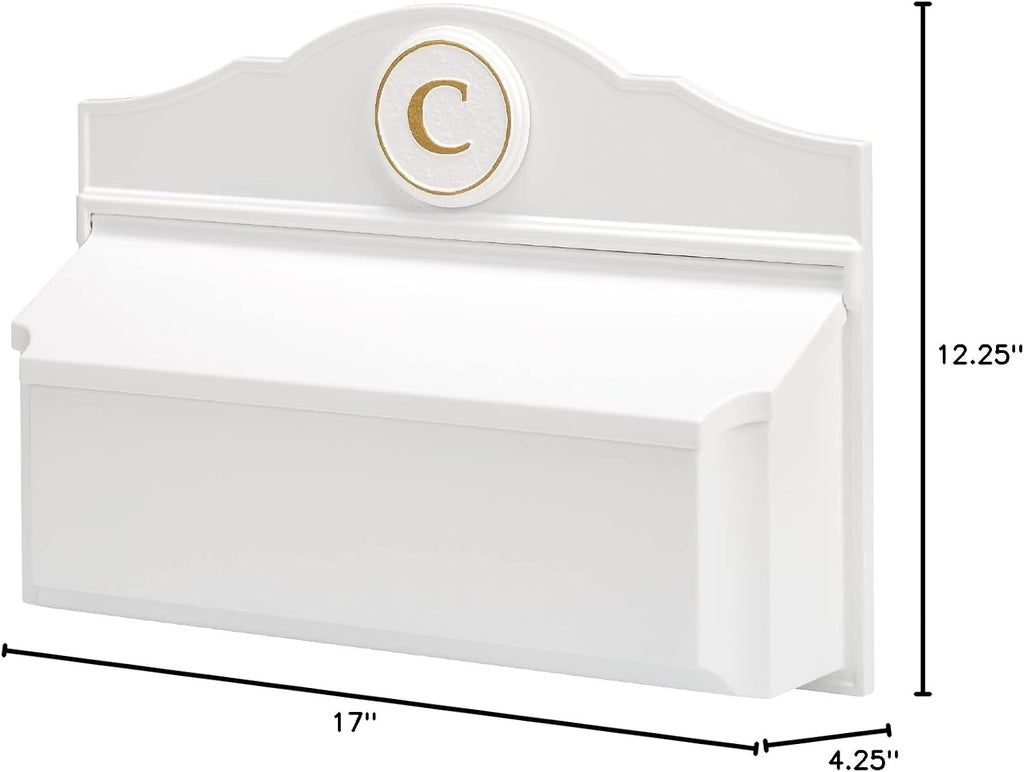 Whitehall Custom Wall Mount Mailbox Package - Mail Box with Monogram, Sand Cast Aluminum, Classic Design White Personalized in Goldtone