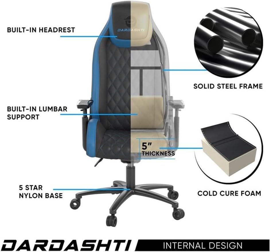 Atlantic Dardashti Gaming/Executive Chair, Molded Cold-Cure Foam, ANSI/BIFMA X5.1 Tested, Class-4 Heavy-Duty Gas Piston, 350 lbs. Weight Load, 8-Way Arm Rests, PN 78050355 – Black & Cobalt Blue