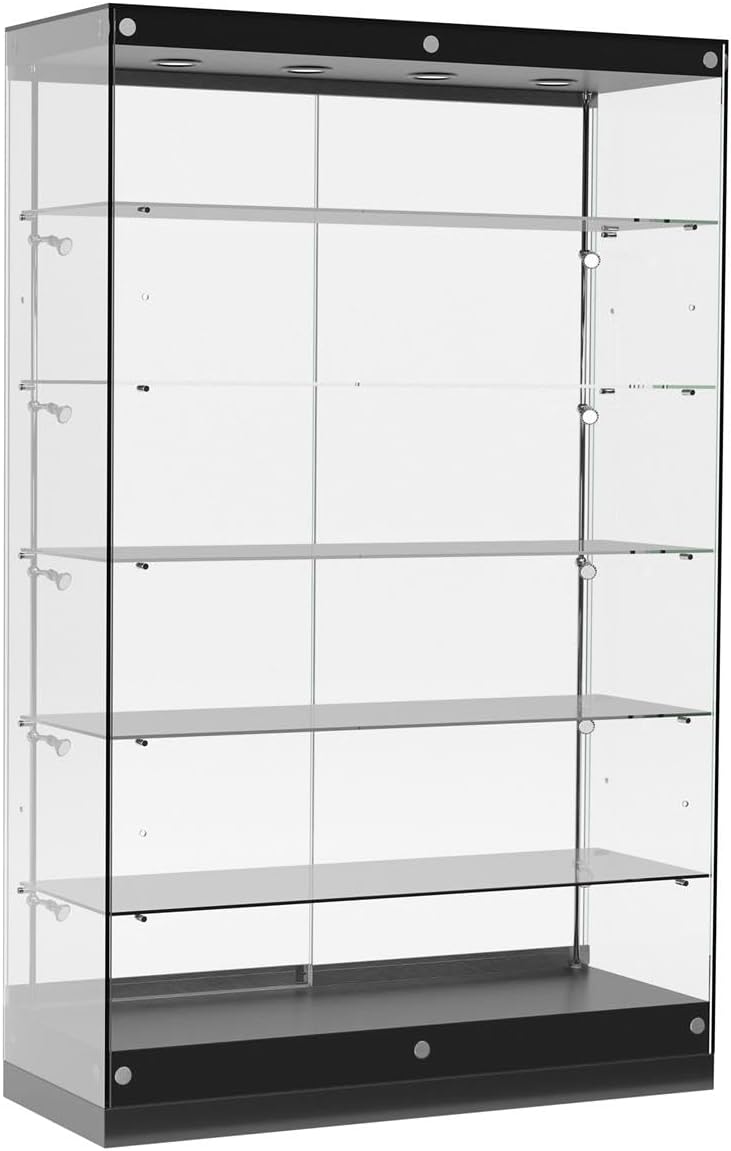 Displays2go 4' Frameless Glass Showcases with LED Lighting, Adjustable Shelves, Locking, MDF – Black (GTAP48LEDB)