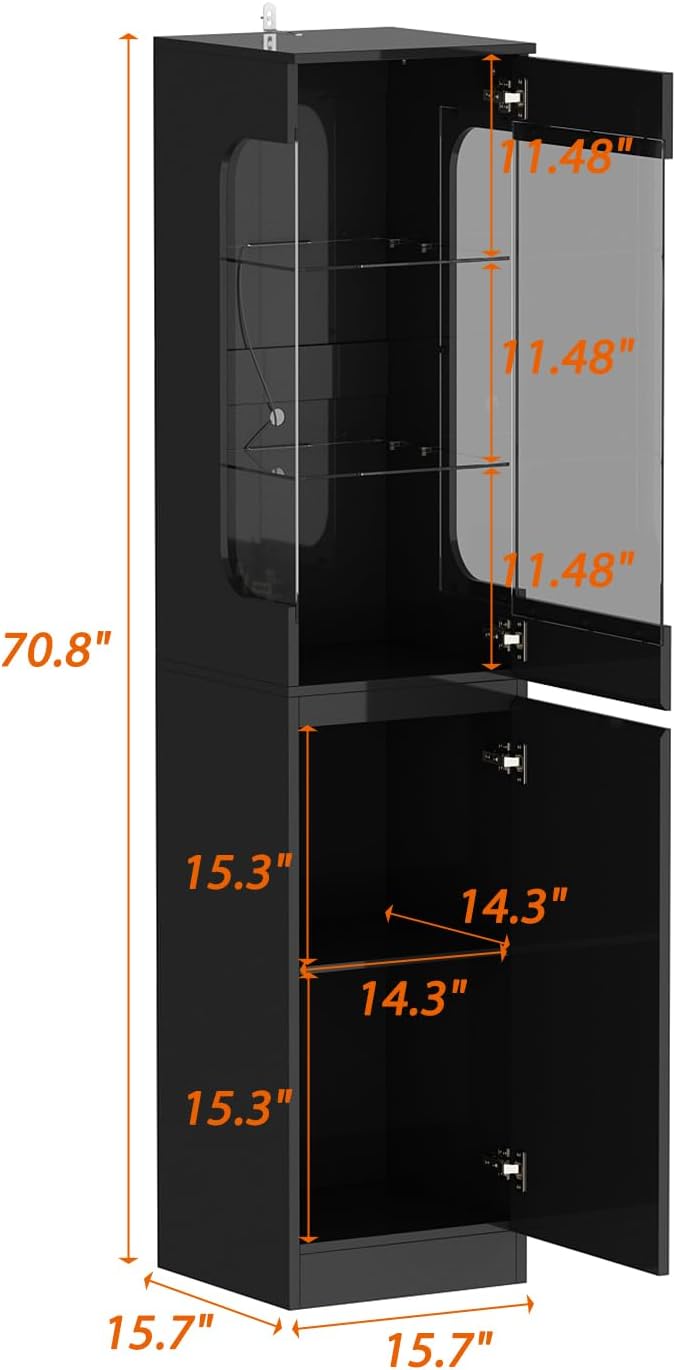 Glass Display Cabinet with 3 Color Lights for Collectibles, High Gloss Curio Cabinets with Glass Door & Adjustable Shelf, 15.7' W Slim Bookcases for Small Spaces, Living Room, Black