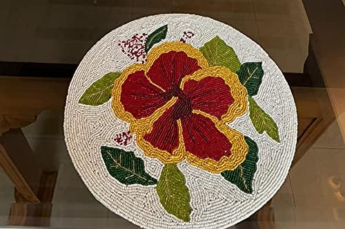 Hibiscus Floral Table Mats, Set of 6 Handmade Bead Placemats, Spring Table Topper 13X13 Inch (6)