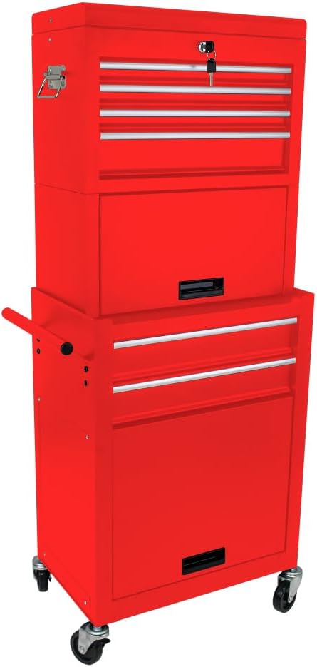 Tool Cabinet on Wheels, 6-Drawer Lockable Rolling Tool Chest w/ 4 Universal Wheels, 2 in 1 Detachable Tool Box Storage Organizer for Garage Workshop Repair Shop,RED