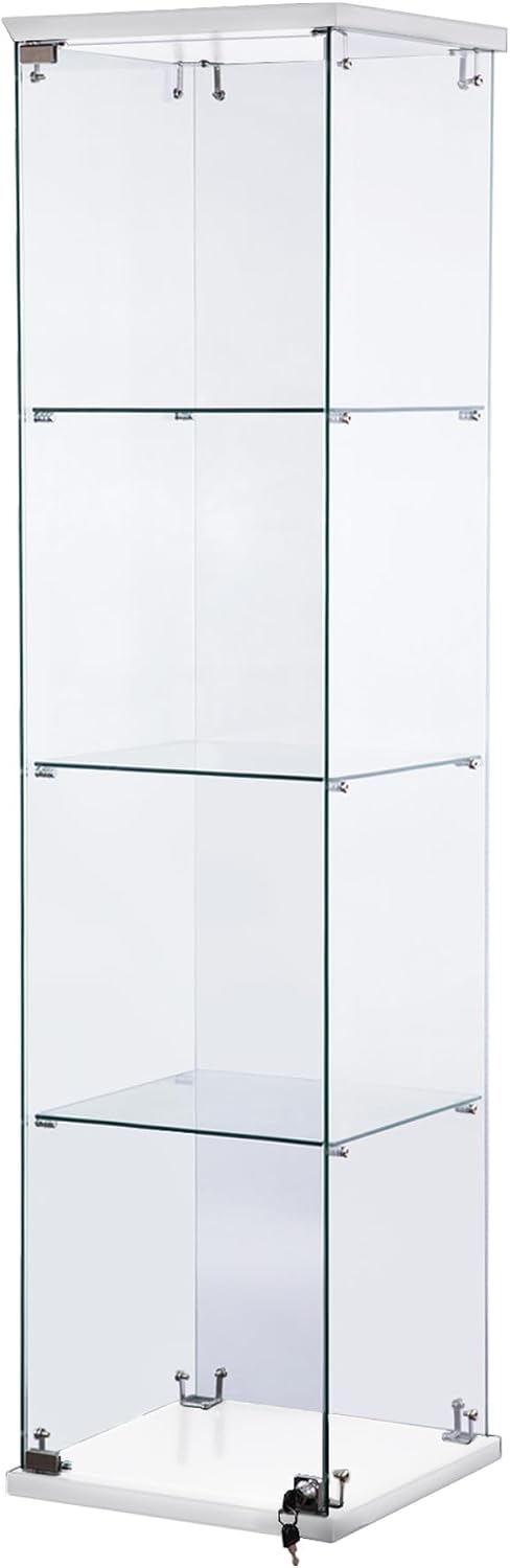 WISDOMFUR Tall Frameless Glass Display Cabinet – 63' H x 16' W Showcase with Locking Door, 4 Adjustable Tempered Glass Shelves & White Base for Retail, Collectibles, or Home Display