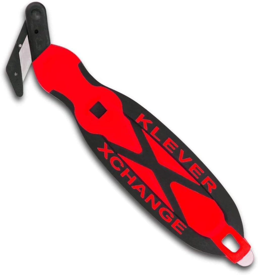 Klever XChange Box Cutter, Klever Kutter Package Opener Wide Cut Head, Ergonomic Soft Touch Handle Utility Knife, Cuts Thicker Substrates, Boxes, Film, Tape and More, Red, 10 Pack (KCJ-XC-30R)