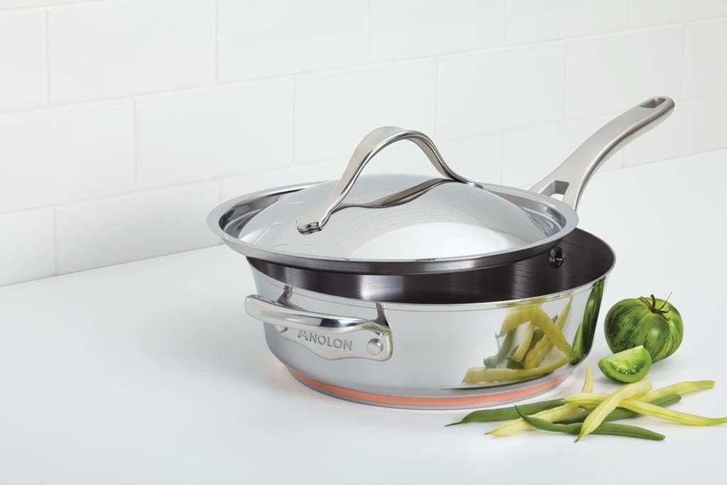 Anolon Novelle Copper Stainless Steel Saute Pan / Frying Pan / Fry Pan with Lid and Helper Handle - 3 Quart, Silver