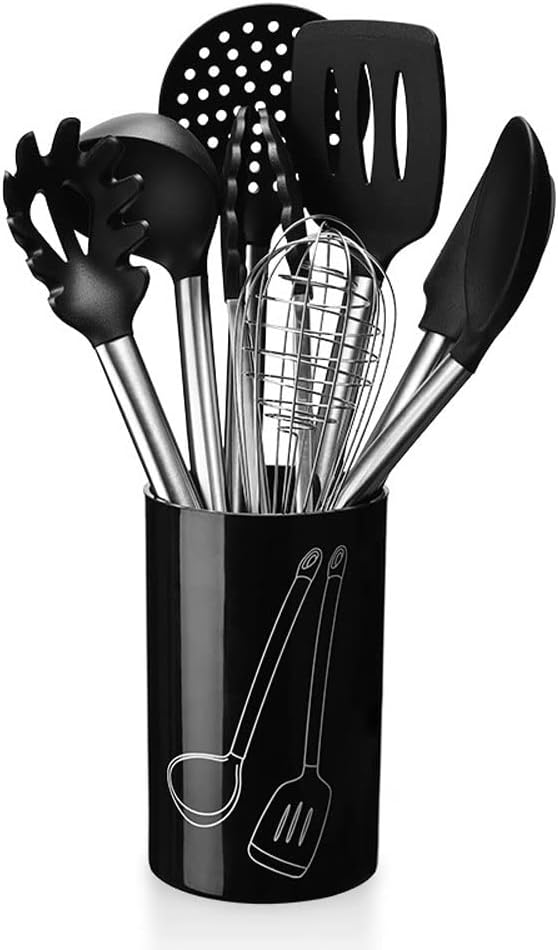 Kitchen Utensils Set, 8 Piece Silicone Cooking Utensils Set with Holder, Heat Resistant Utensils Set with Stainless Steel Handle for Nonstick Cookware, Kitchen Tools