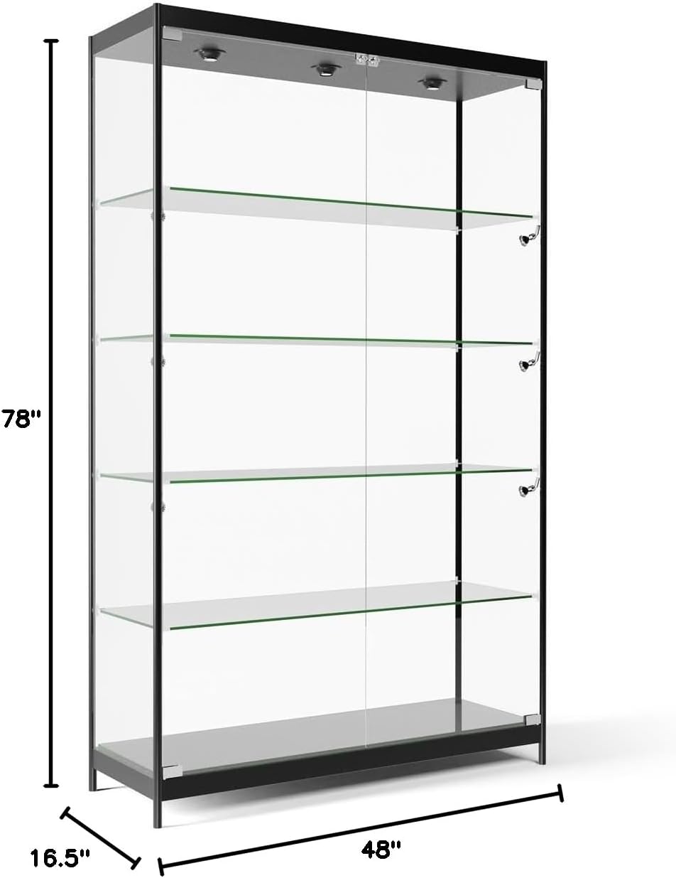 Displays2go 48' Glass Display Case with LED Lights, Lockable Retail & Museum Showcase Cabinet, 4 Shelves, Black Aluminum Frame (LESC4816BK)