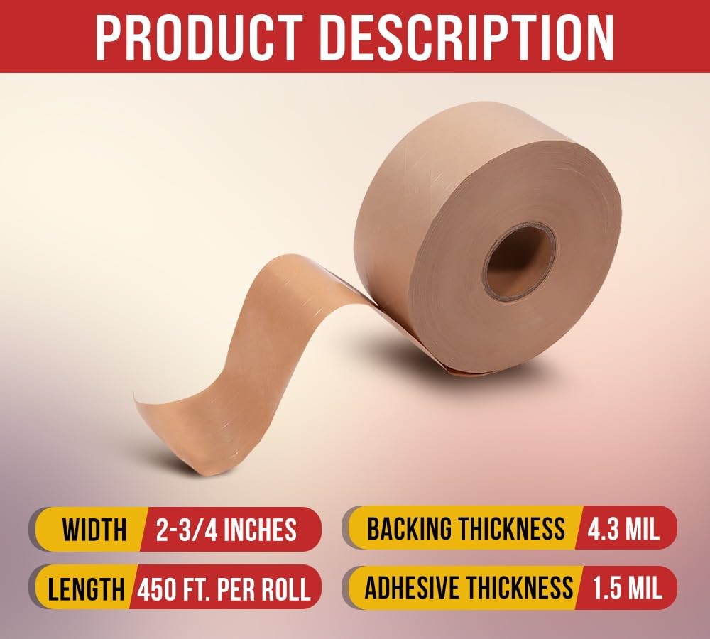 Mytee Products 16 Rolls 2.75'x450' Water Activated Tape - Reinforced Gummed Tape for Package - Strong Adhesive & Holding Power Kraft Paper Tape - Brown Packing Tape for Sealing Box (7200 feet Total)