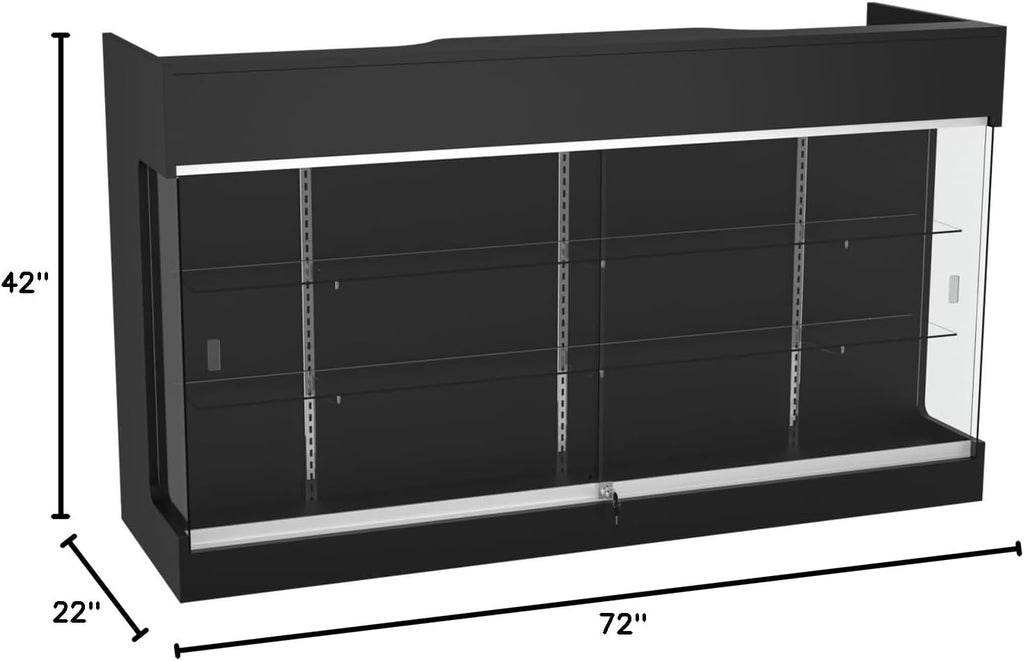 72' W x 22' D x 42' H - Ledgetop Checkout Counter with Glass Showcase View Front, Black Wooden Cash Register Stand with Showcase,Retail Glass Display Cabinet Counter