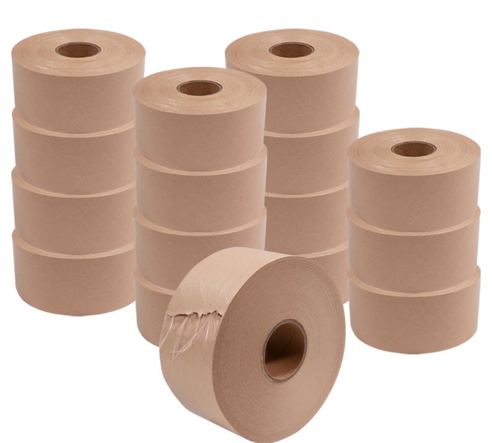 Mytee Products 16 Rolls 2.75'x450' Water Activated Tape - Reinforced Gummed Tape for Package - Strong Adhesive & Holding Power Kraft Paper Tape - Brown Packing Tape for Sealing Box (7200 feet Total)