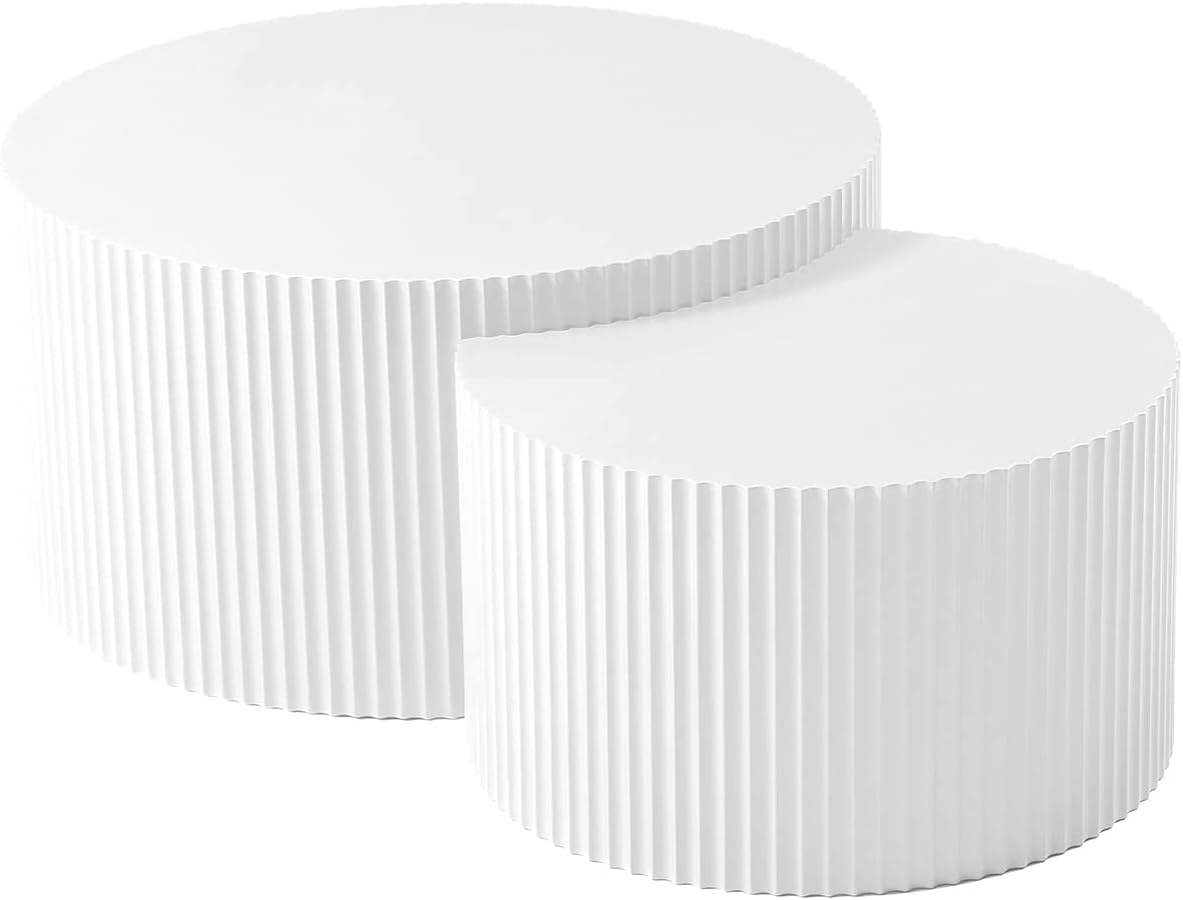 White Round Coffee Table Set of 3 Modern Drum Circle Nesting Coffee Tables for Living Room, Contemporary Wood Fluted Embossed Round+Small Crescent Coffee Table, No Assembly, White(3-Pcs)