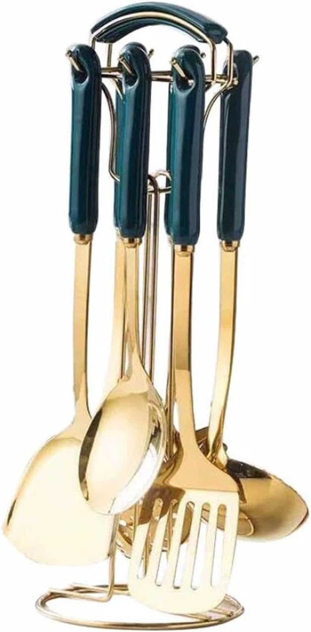 Stainless Steel Cooking Utensils Spoons Spatulas Kitchen Cookware Bakeware Gadgets Tools 7 Pieces Sets(Green)