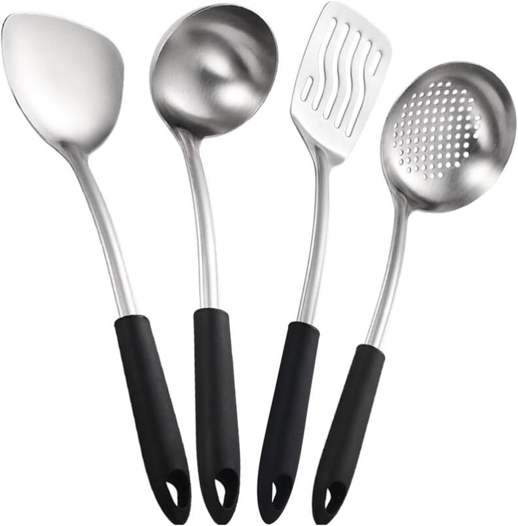 Kitchen Utensils Set，Cooking Utensils 4 Pieces Sets Spoons for Cooking Spatulas Stainless Steel Cooking Utensils Spatulas Spoons Kitchen Tools Gadgets(Black)