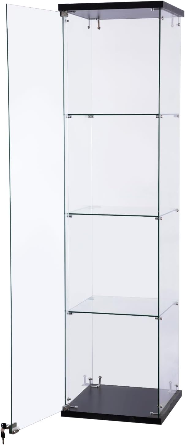 WISDOMFUR 16''x 63'' Frameless Glass Display Cabinet Showcase Glass Cube with Lock, Tempered Glass 4 Shelf Single Door, MDF Base - White & Black (Black), CT1660