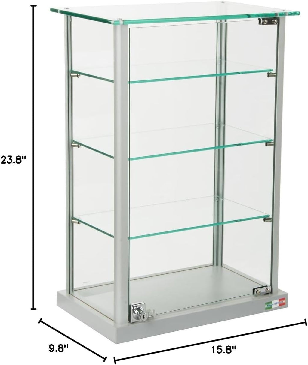Small Curio Cabinet, Free Standing Glass Display Shelf, Adjustable, Aluminum (Silver Base)