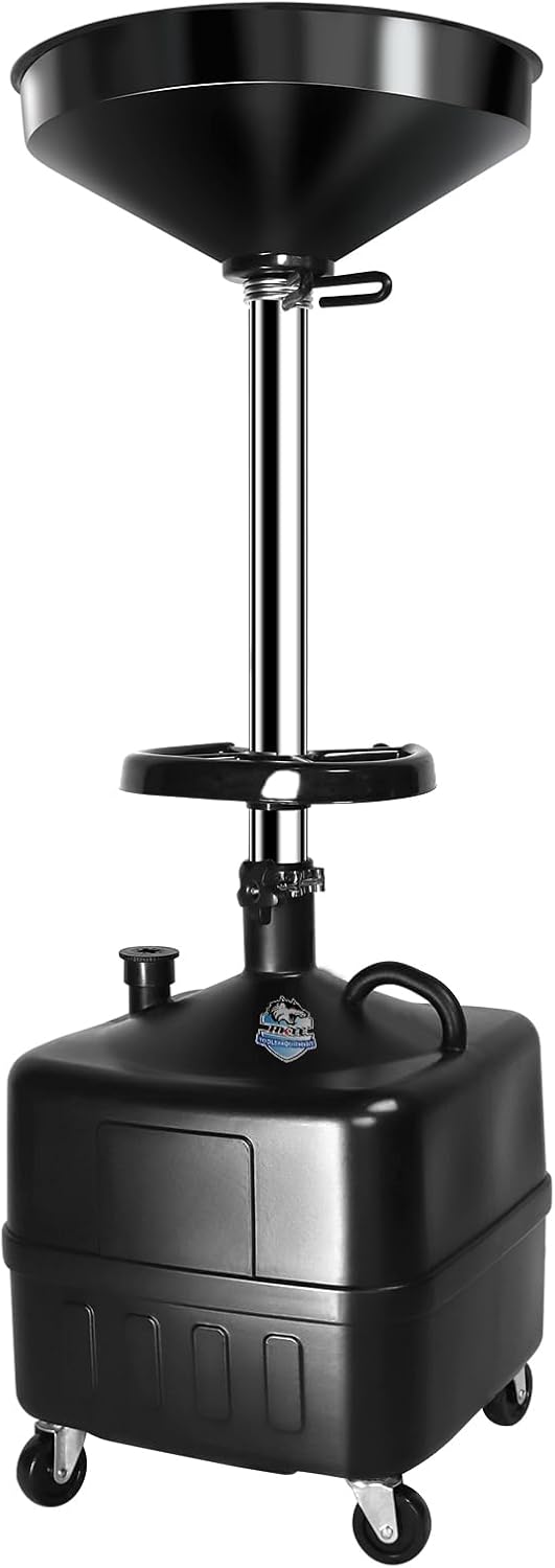 HKTE 9-Gallon Waste Oil Drainer, Adjustable Height (27'–68') with Spring Clamp, 17' Funnel, Mobile Oil Drain Pan with Heavy-Duty Casters, Tool Tray, Oil Filtration Screen, for Cars, Trucks, SUVs