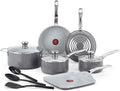 T-fal Fresh Gourmet Recycled Ceramic Non Stick Cookware Set 12 Piece, Oven Broiler Safe 500F, Lid Safe 350F, Kitchen Cooking Set W/Fry Pans, Saucepans, Dutch Oven, Utensils, Pots and Pans Set, Grey