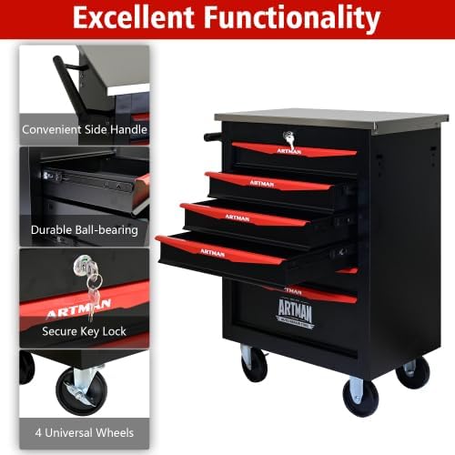 Multifunctional Tool Cart with Wheels,Metal Rolling Tool Cart Storage for Garage Workshop Warehouse Repair Shop-with Stainless Steel Roof- Black&RED (Black+Red+6dra)