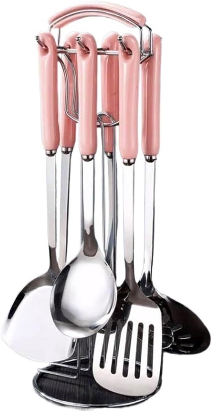 Ceramic Cooking Spoons Spatulas Stainless Steel Cooking Utensils Gadgets Bakeware Tools Kitchen Cookware 7 Pieces(Pink)