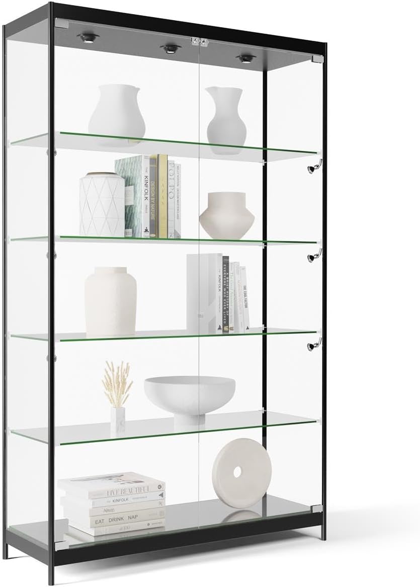 Displays2go 48' Glass Display Case with LED Lights, Lockable Retail & Museum Showcase Cabinet, 4 Shelves, Black Aluminum Frame (LESC4816BK)